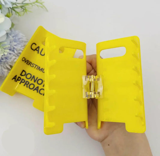 (2 Pcs) Caution Overstimulated Yellow Sign Hair Claw Clip